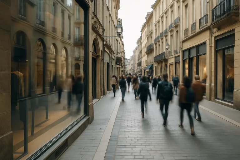 Scène de rue avec vitrines de commerce à Bordeaux, passants en mouvement