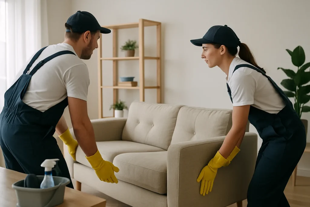 Deux professionnels vidant un appartement en Gironde, lumière douce.