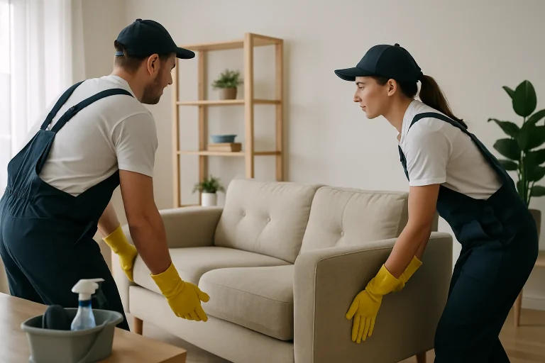Deux professionnels vidant un appartement en Gironde, lumière douce.