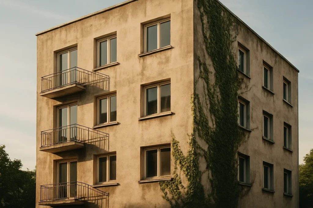 Façade d'un immeuble avec traces de saleté et plantes grimpantes, lumière de fin d'après-midi.