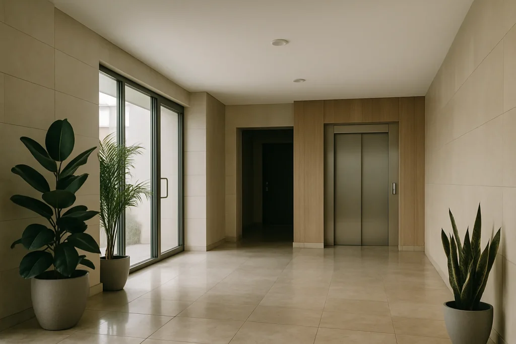 Hall d'entrée d'un immeuble moderne à Eysines avec sol en marbre et plantes d'intérieur