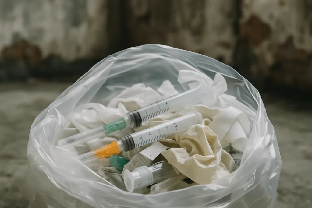 Seringues usagées et déchets dangereux dans un sac en plastique sur fond de murs délabrés.