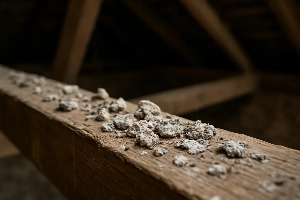 Gros plan sur des fientes de pigeon séchées sur une poutre en bois dans un grenier.