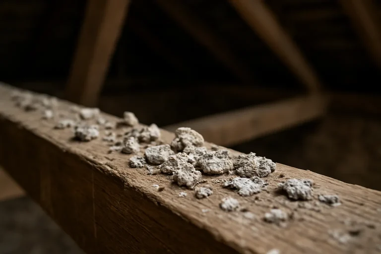 Gros plan sur des fientes de pigeon séchées sur une poutre en bois dans un grenier.